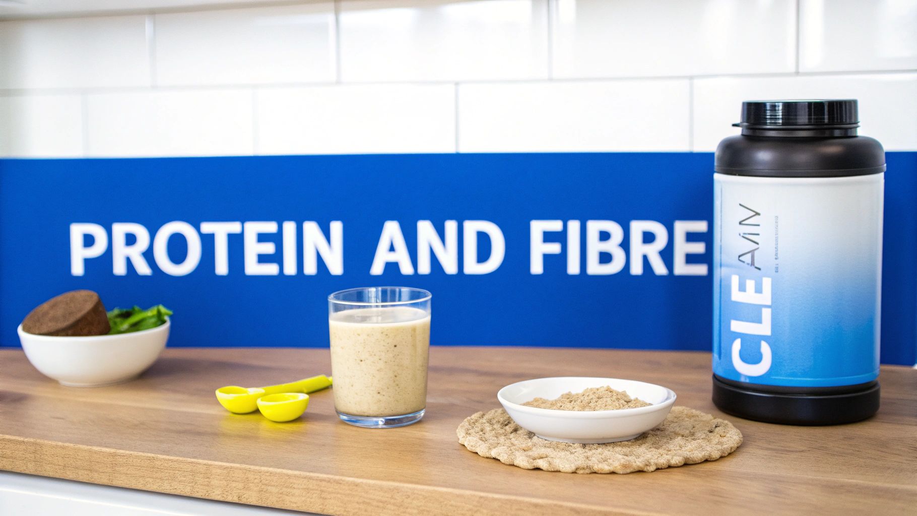 CLEAN protein supplement, a smoothie, and healthy ingredients on a counter, with 'PROTEIN AND FIBRE' sign.