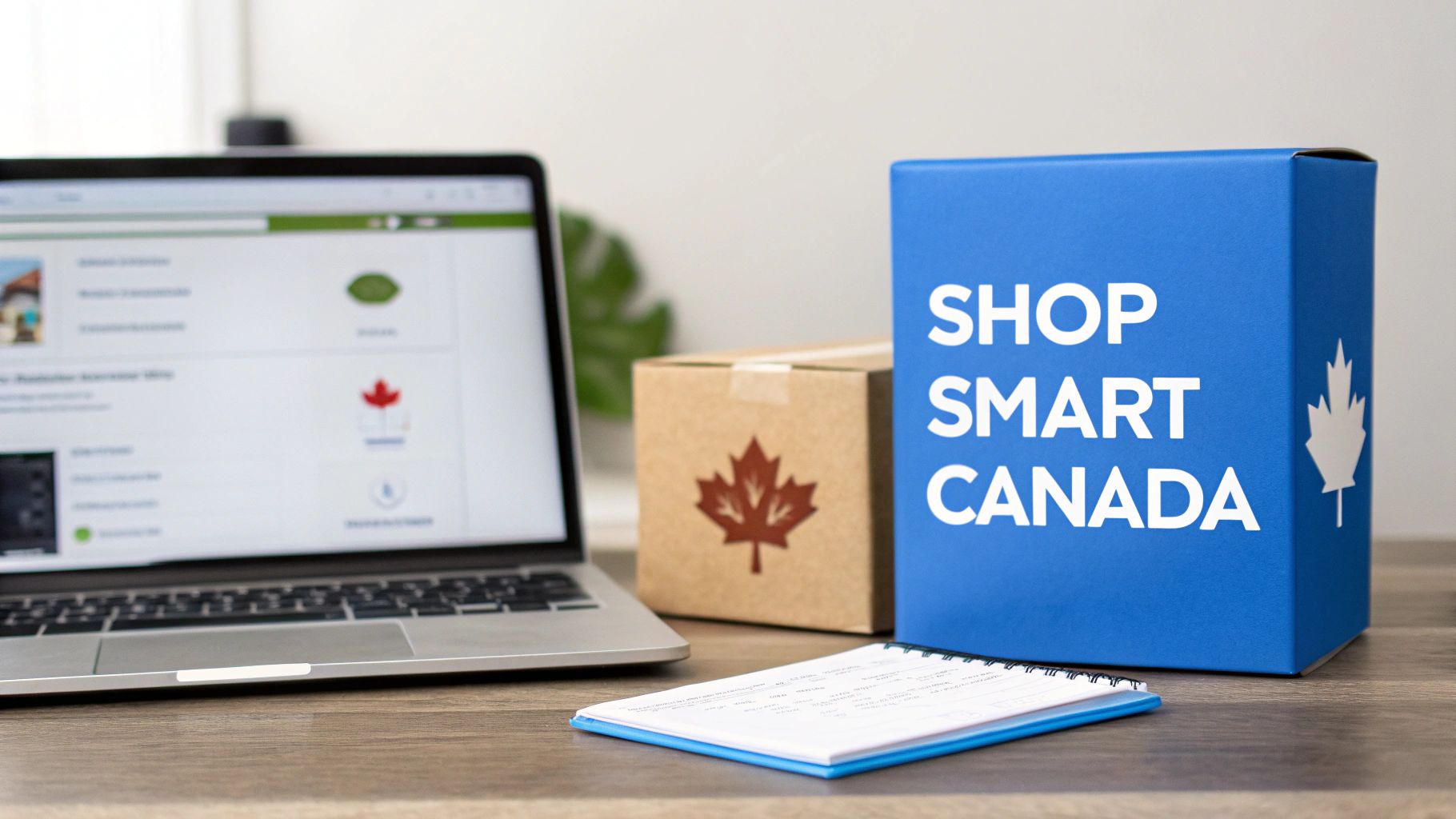 Un ordinateur portable, une boîte bleue « Shop Smart Canada », une boîte brune en forme de feuille d'érable et un carnet de notes sur un bureau en bois.