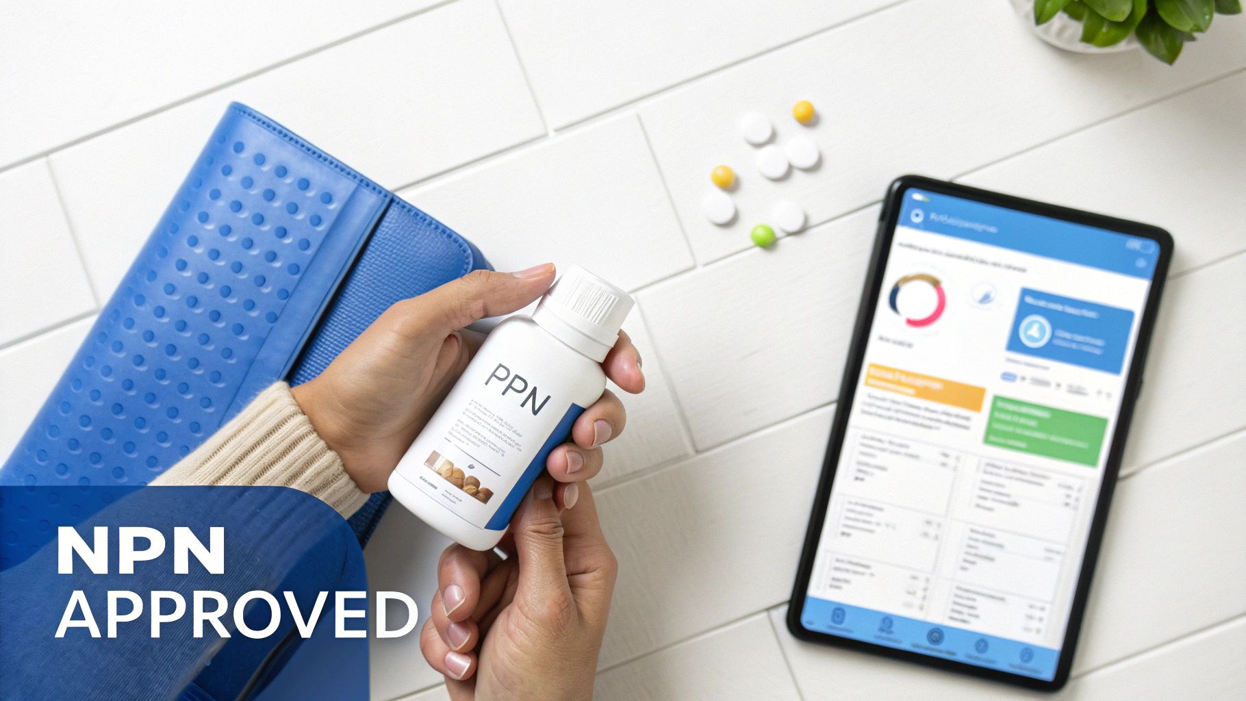 Overhead shot of hands holding a PPN supplement bottle, with a tablet displaying a health app and scattered pills.