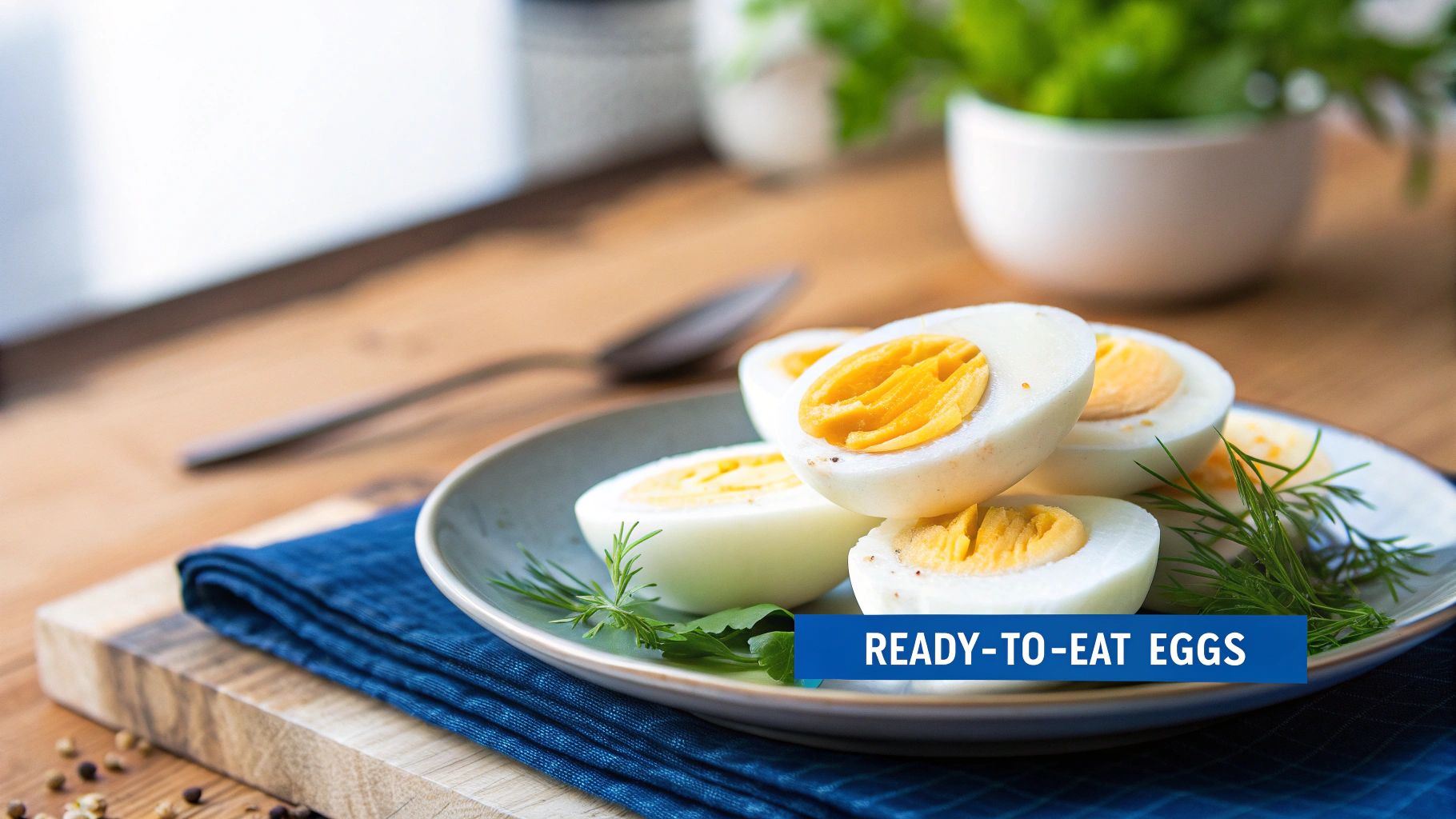 A plate of perfectly sliced, ready-to-eat hard-boiled eggs garnished with fresh dill on a wooden table.