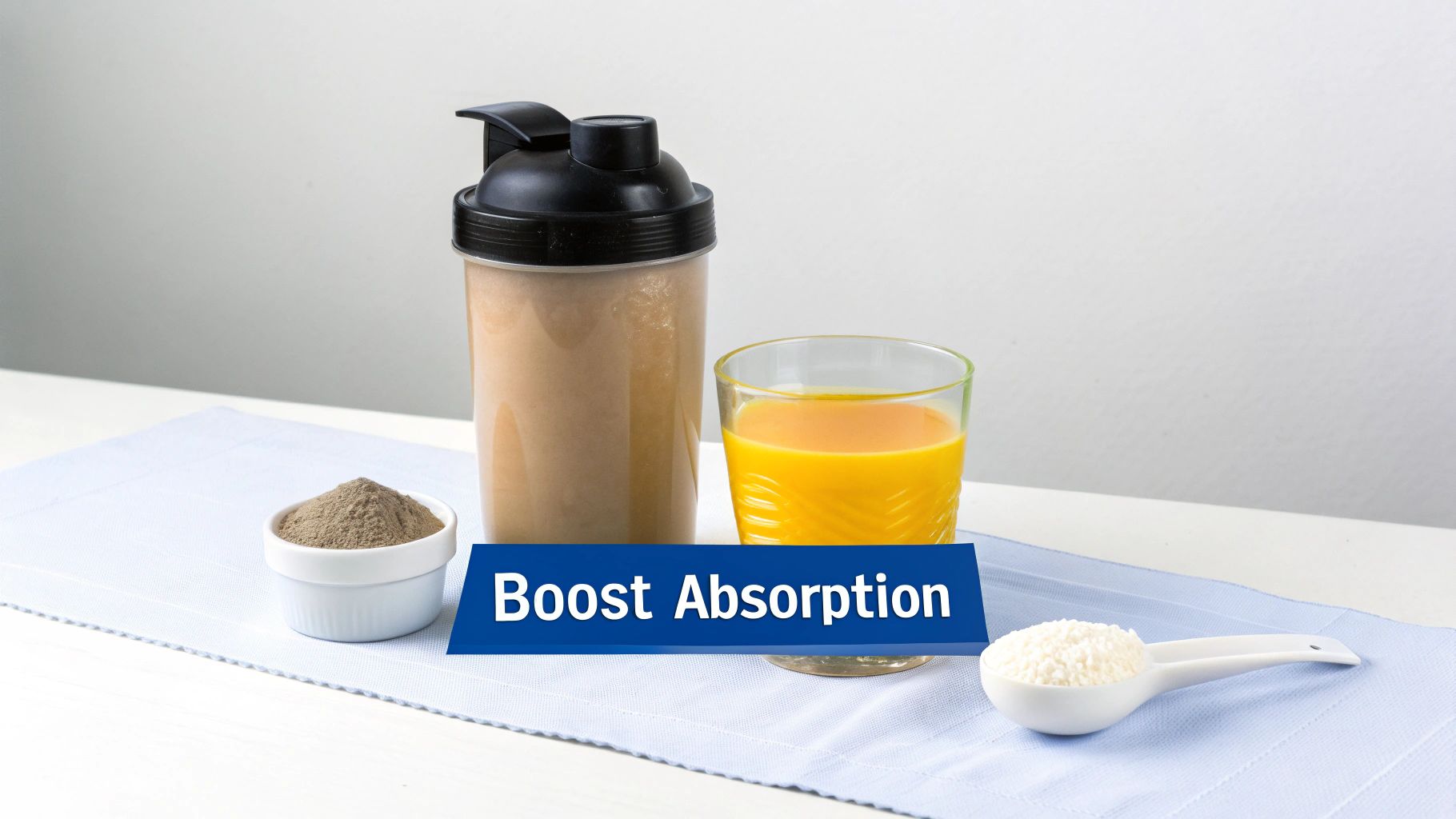 Nutritional supplements including a shake, juice, powders, and a 'Boost Absorption' banner.