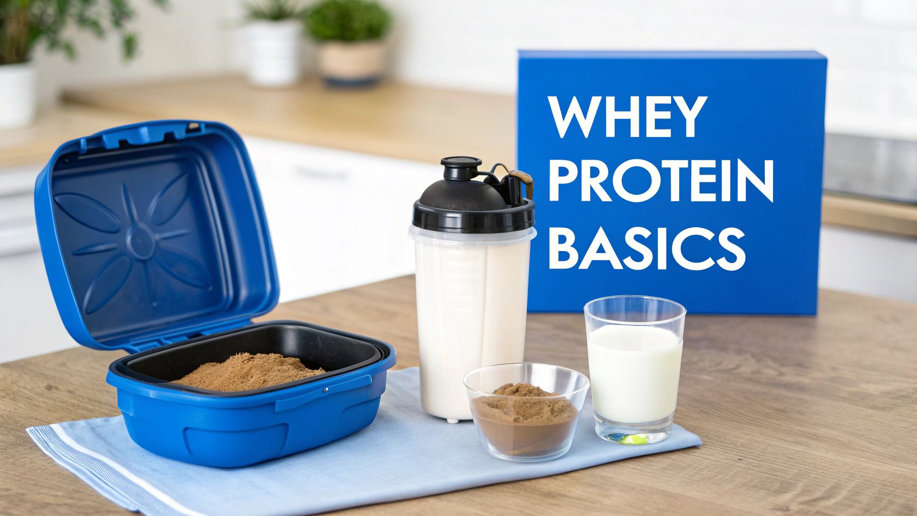 Whey protein powder in a container, a shaker with a shake, and milk on a wooden table.
