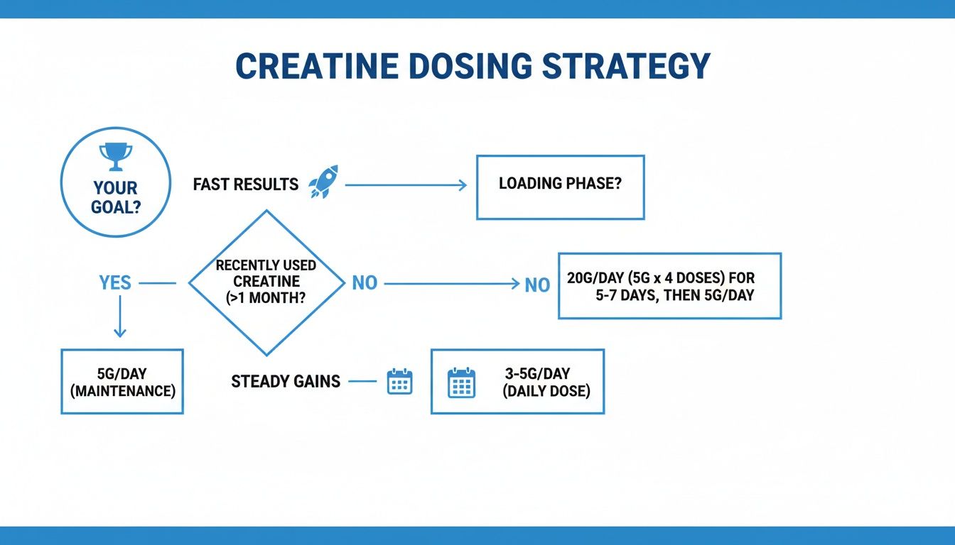 A flowchart detailing creatine dosing strategies based on fitness goals and previous creatine use.