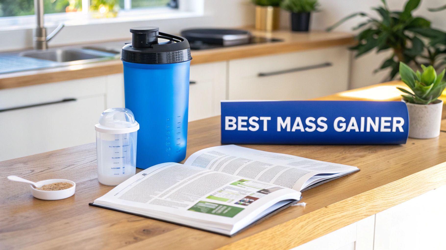 Des compléments alimentaires, notamment un gainer, des shakers et un livre, dans une cuisine moderne.