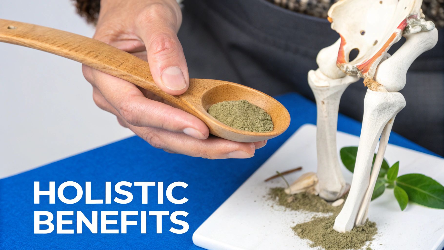 Une main tient une cuillère en bois recouverte de poudre verte à côté d'un modèle de squelette humain, illustrant l'importance d'une santé osseuse holistique.