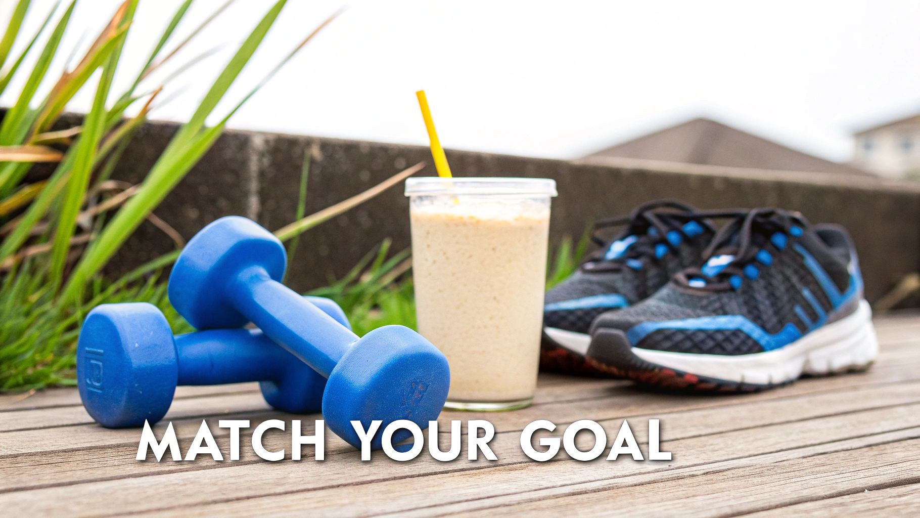 Fitness gear on a wooden deck: blue dumbbells, a smoothie, and running shoes, with 'MATCH YOUR GOAL' text.