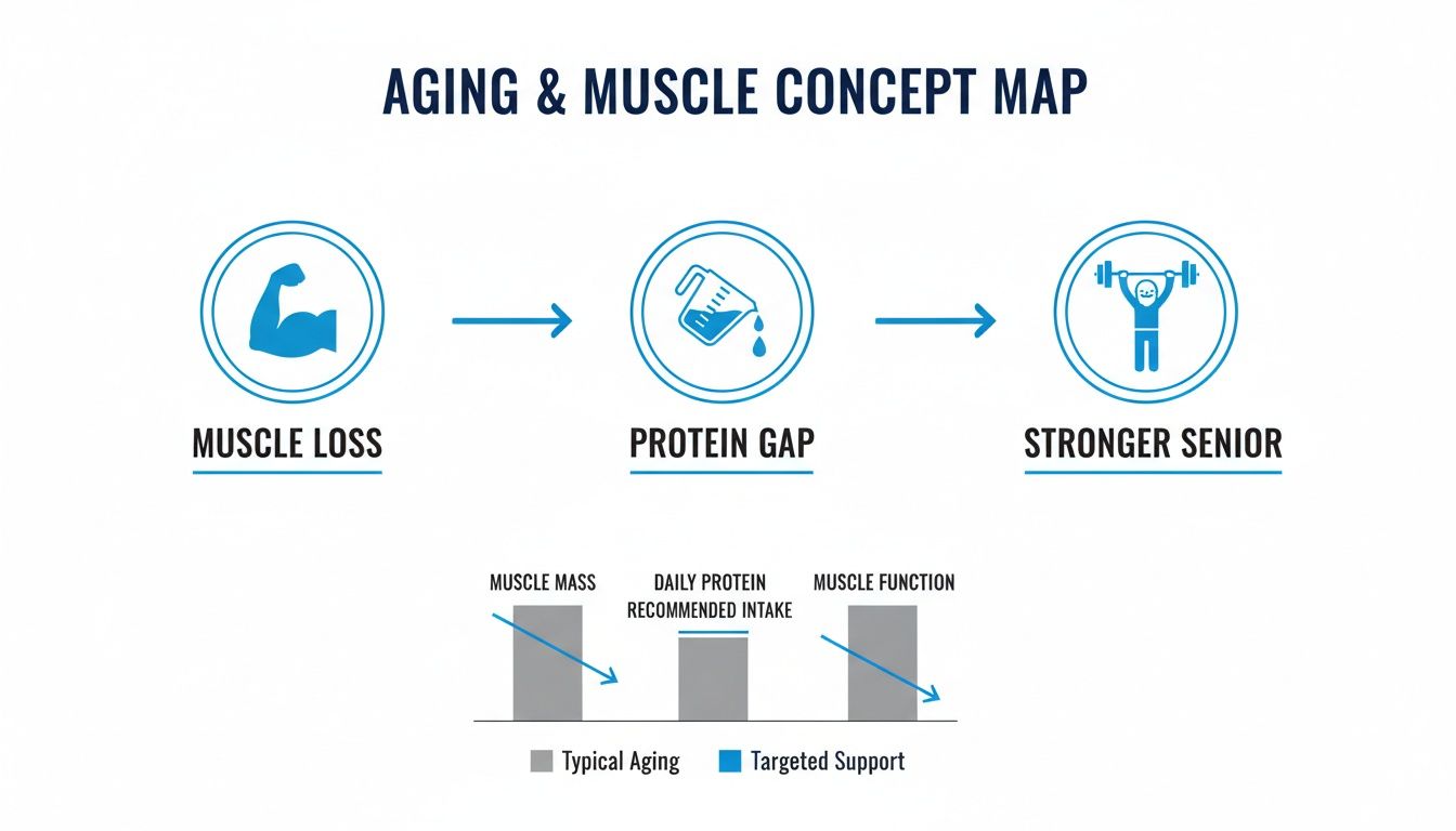 Concept map illustrating aging, muscle loss, protein gap, and becoming a stronger senior, with a bar chart.
