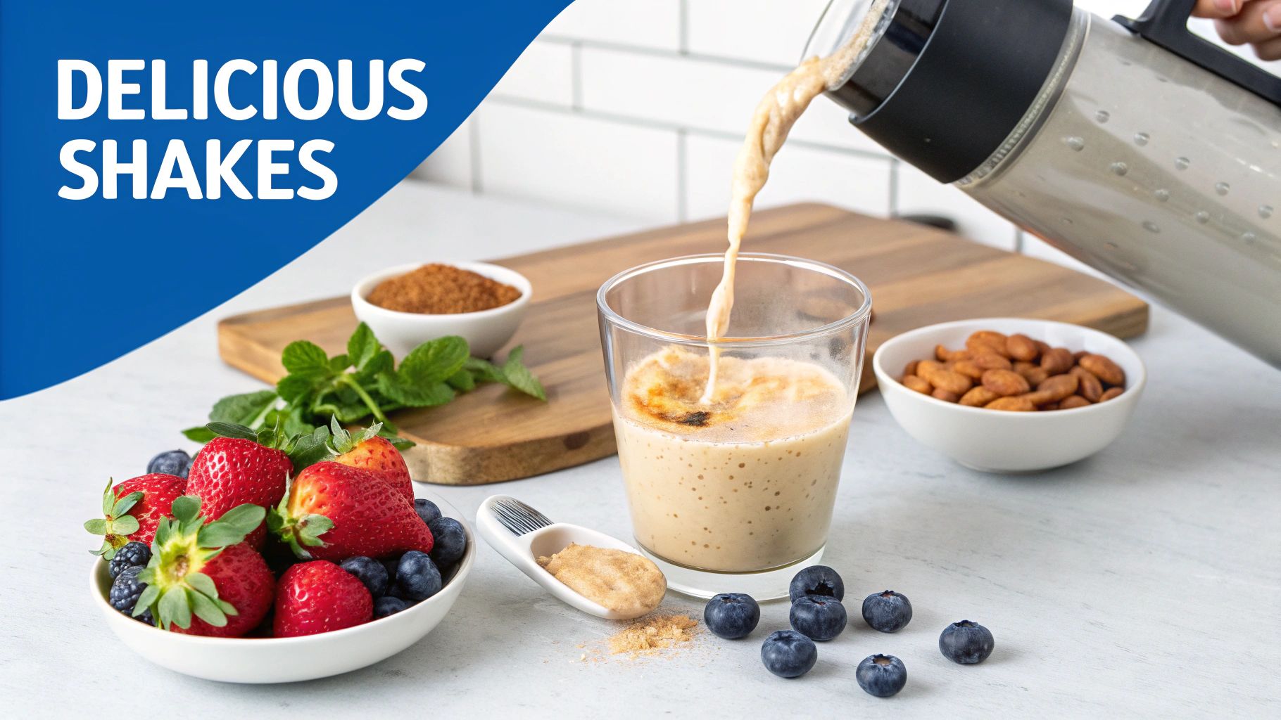 A creamy protein shake being poured into a glass, surrounded by fresh berries, nuts, and powder ingredients.