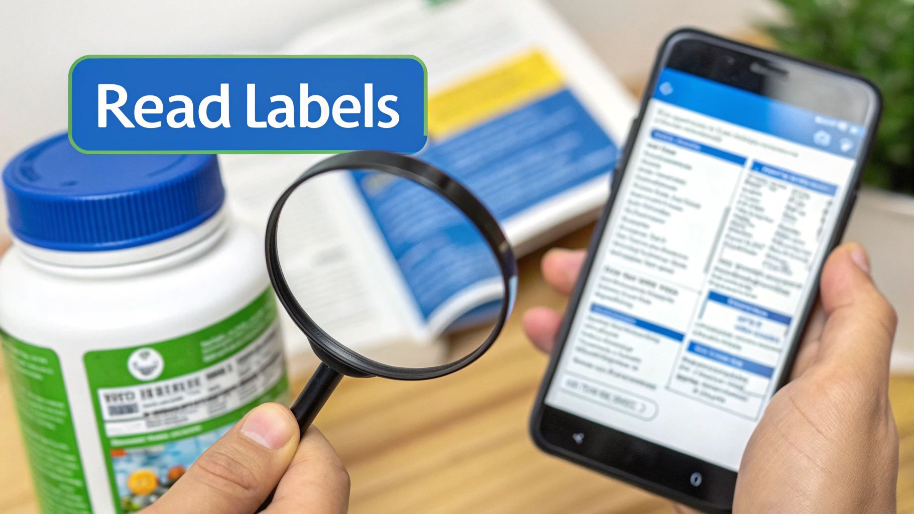 A person uses a magnifying glass to read a product label while another person uses a smartphone for product information.