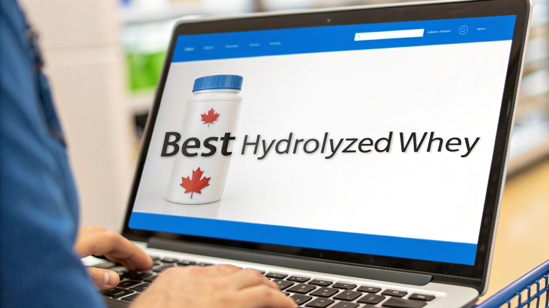 Person typing on a laptop screen displaying a search for 'Best Hydrolyzed Whey' protein with a Canadian bottle.