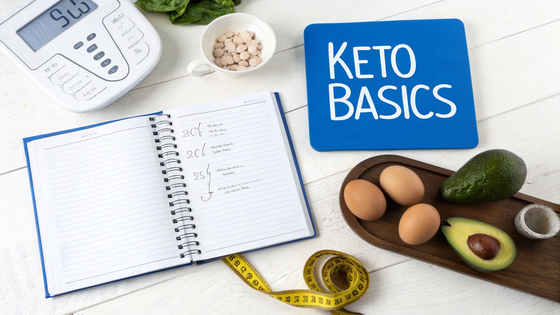 A flat lay of keto diet essentials including eggs, avocado, a food scale, and a 'KETO BASICS' sign.
