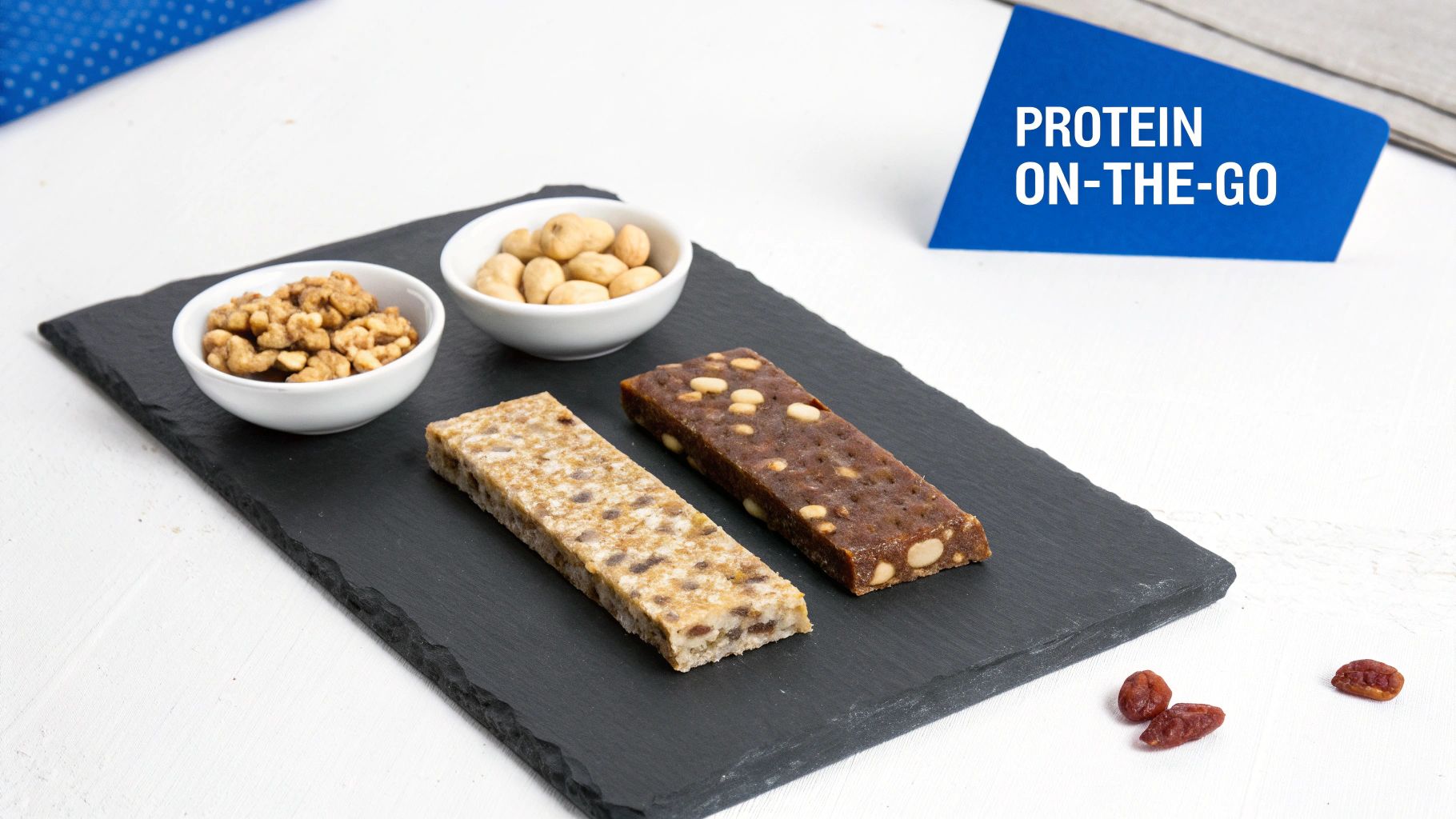 Two protein bars with nuts on a black slate, alongside bowls of walnuts and hazelnuts, highlighting 'Protein On-The-Go'.