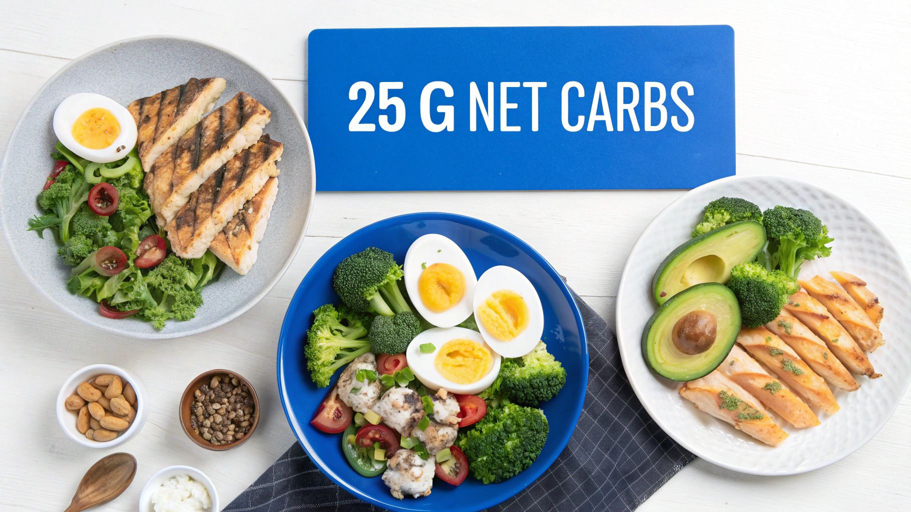 Trois assiettes de repas sains et faibles en glucides, avec du poulet grillé, des œufs, du brocoli et une pancarte « 25 G GLUCIDES NETS ».