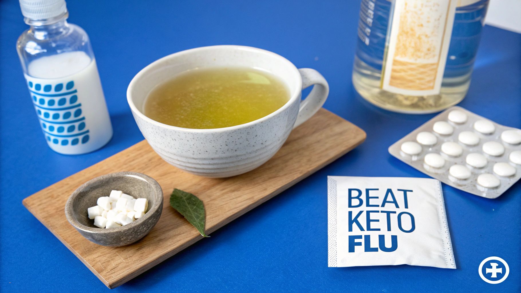 A cup of broth, supplements, and a 'Beat Keto Flu' packet on a blue background, offering keto support.