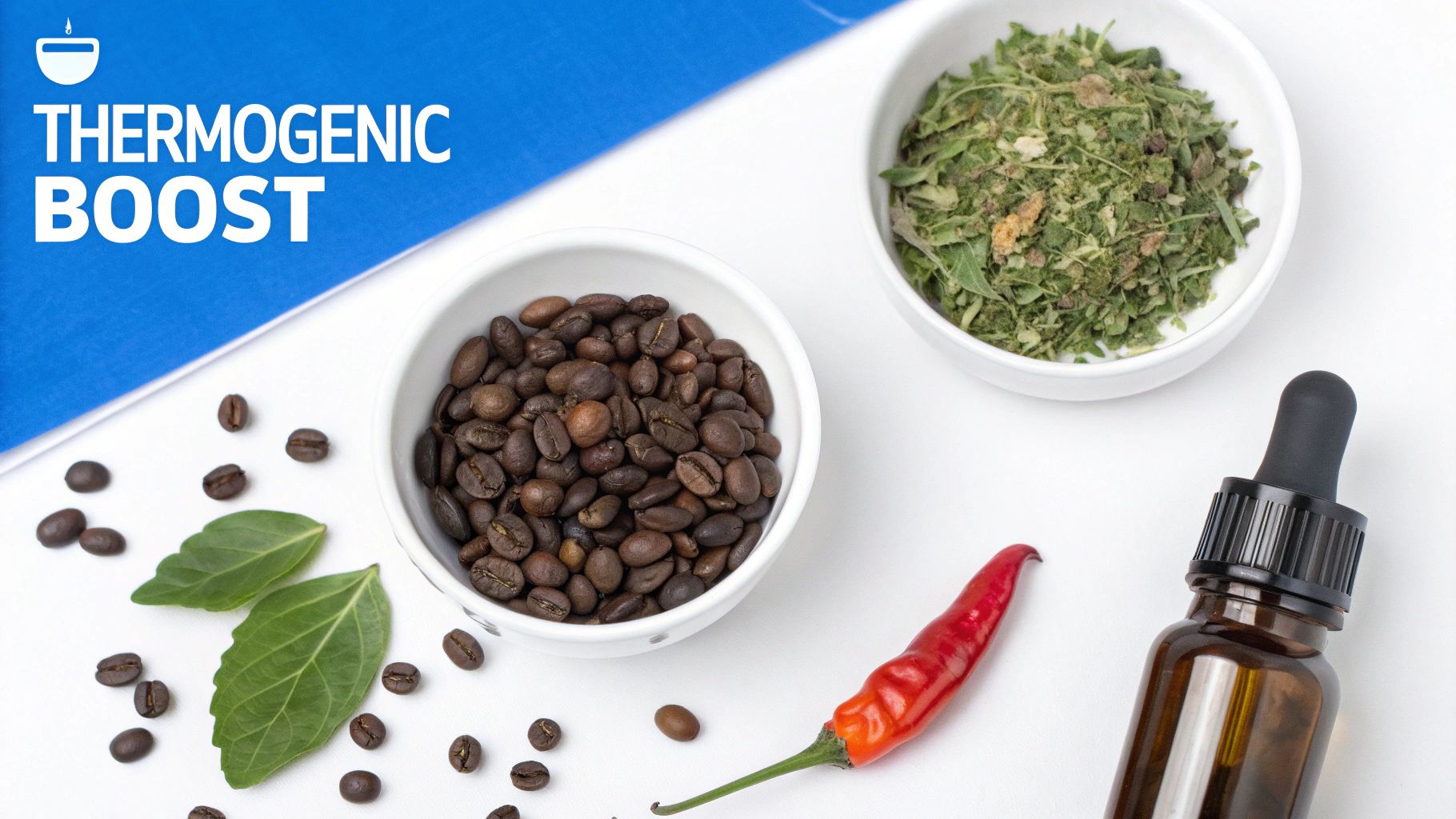 Coffee beans, herbs, and a chili pepper symbolize natural thermogenic boost ingredients.