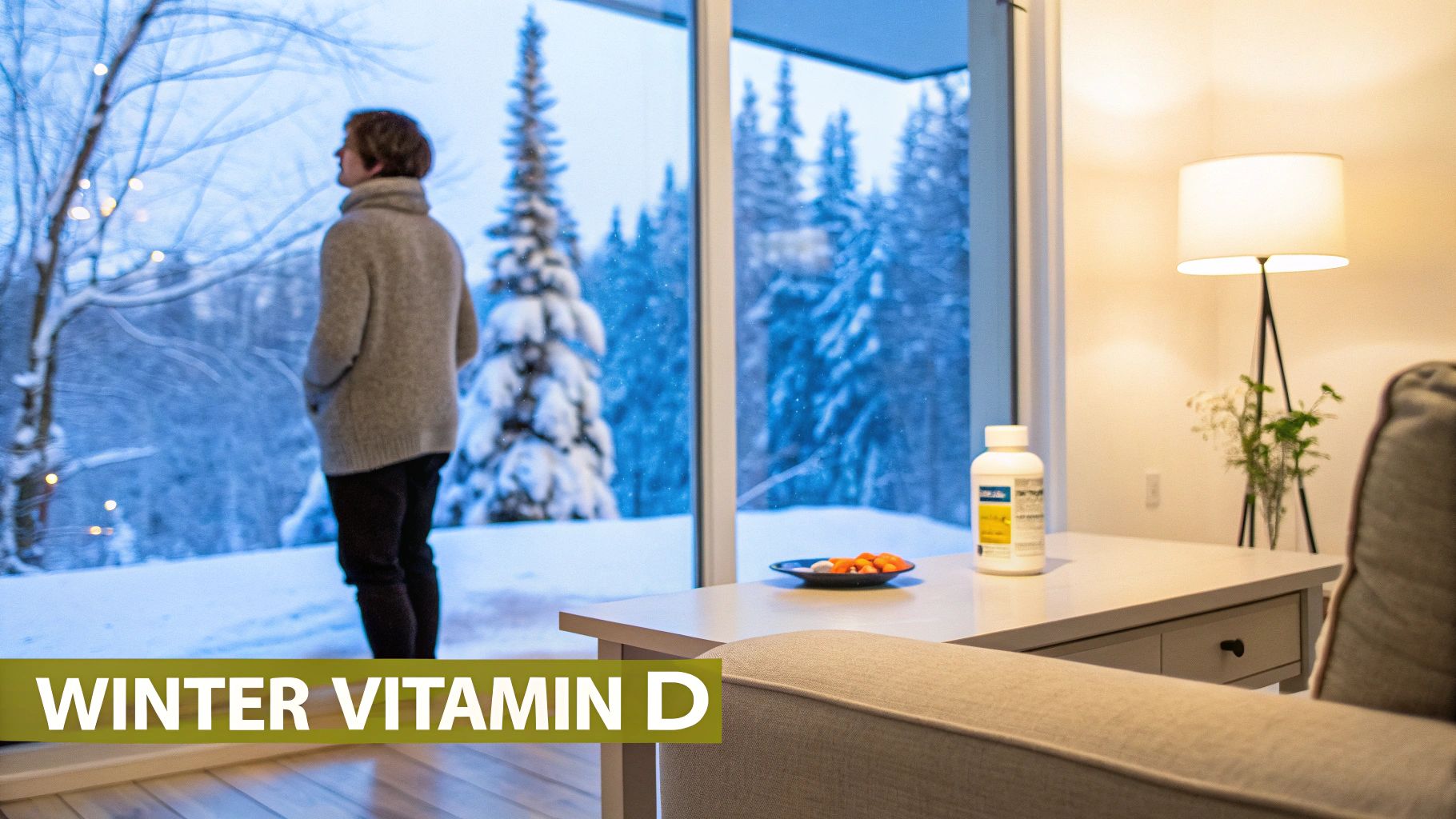 A person looks out a window at a snowy winter scene with a bottle of vitamin D supplements on a table.