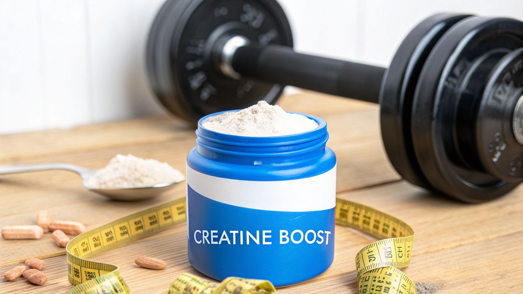 Un pot bleu de complément alimentaire Creatine Boost contenant de la poudre, une cuillère, un haltère et un mètre ruban posés sur une surface en bois.