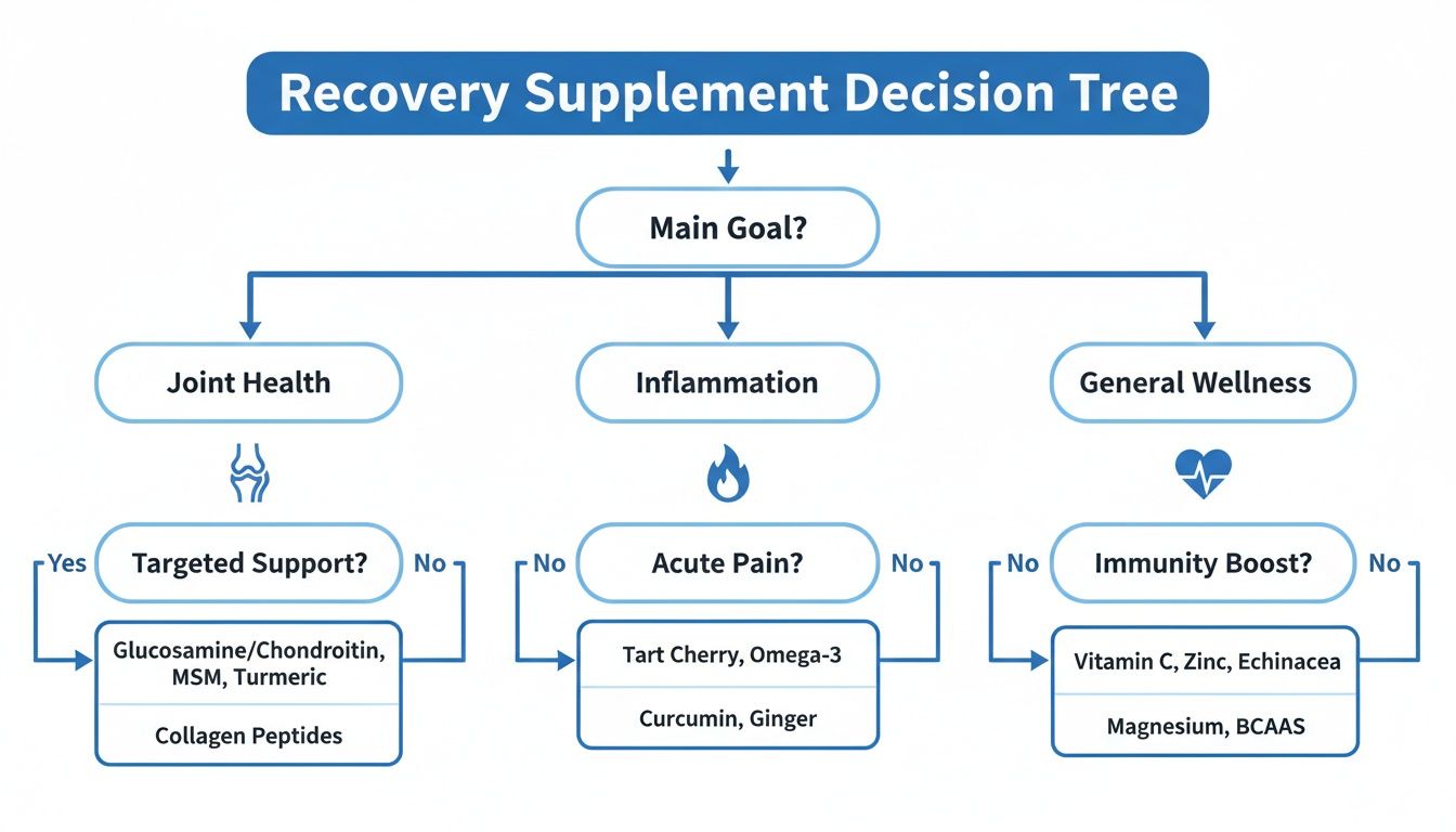 Un organigramme décisionnel pour les compléments alimentaires de récupération, guidant les choix en fonction des principaux objectifs de santé comme la santé articulaire, l'inflammation et le bien-être général.