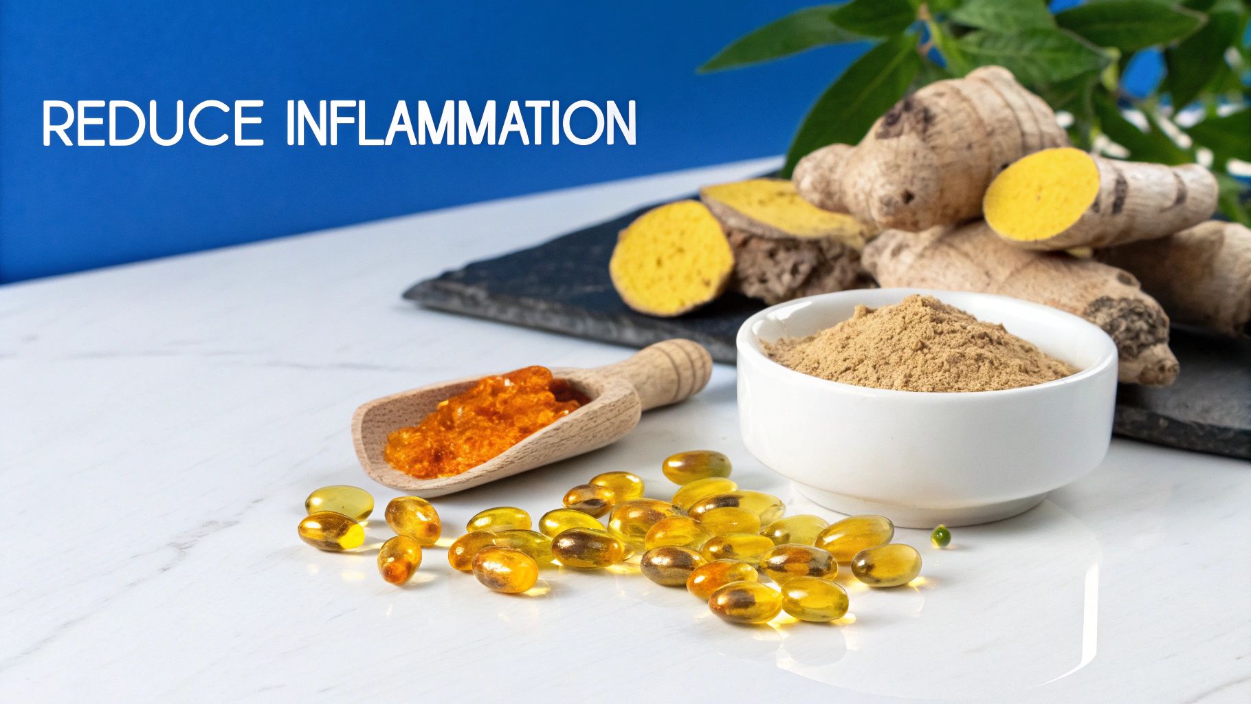 Ginger roots, turmeric powder, and yellow softgel capsules on a white table for inflammation reduction.