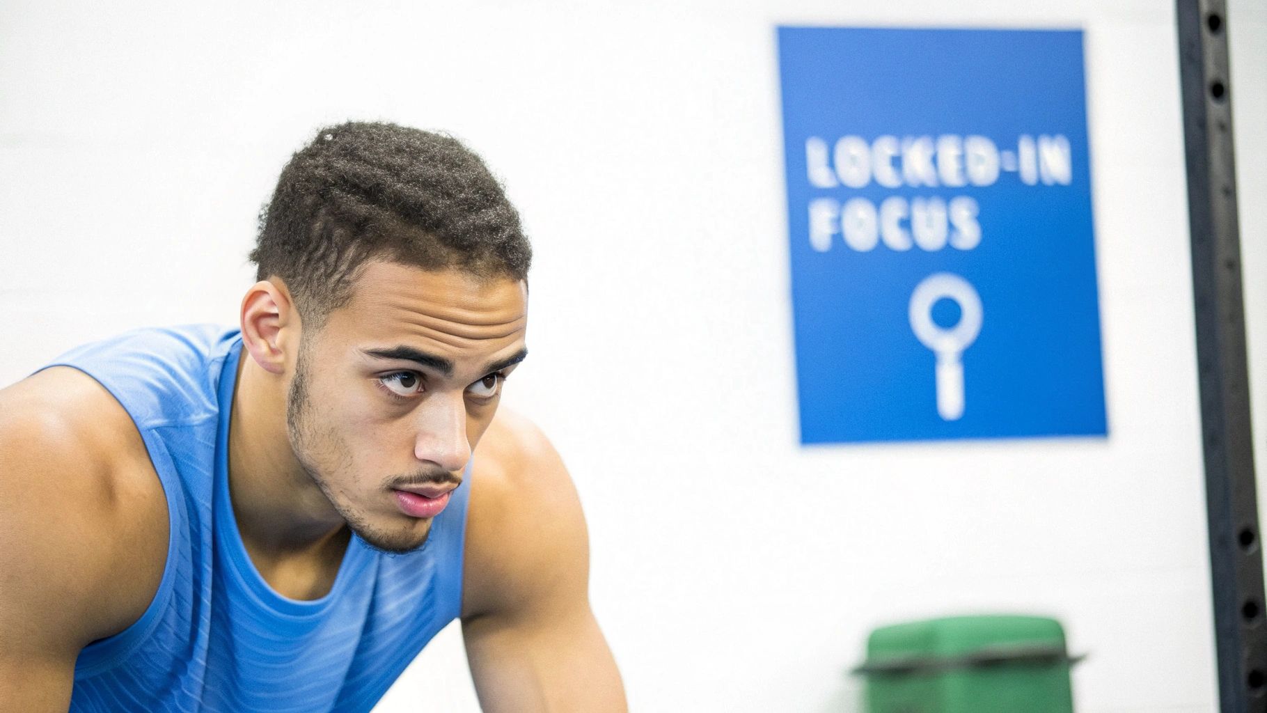 A focused young man in a blue tank top looking intently during a workout session.