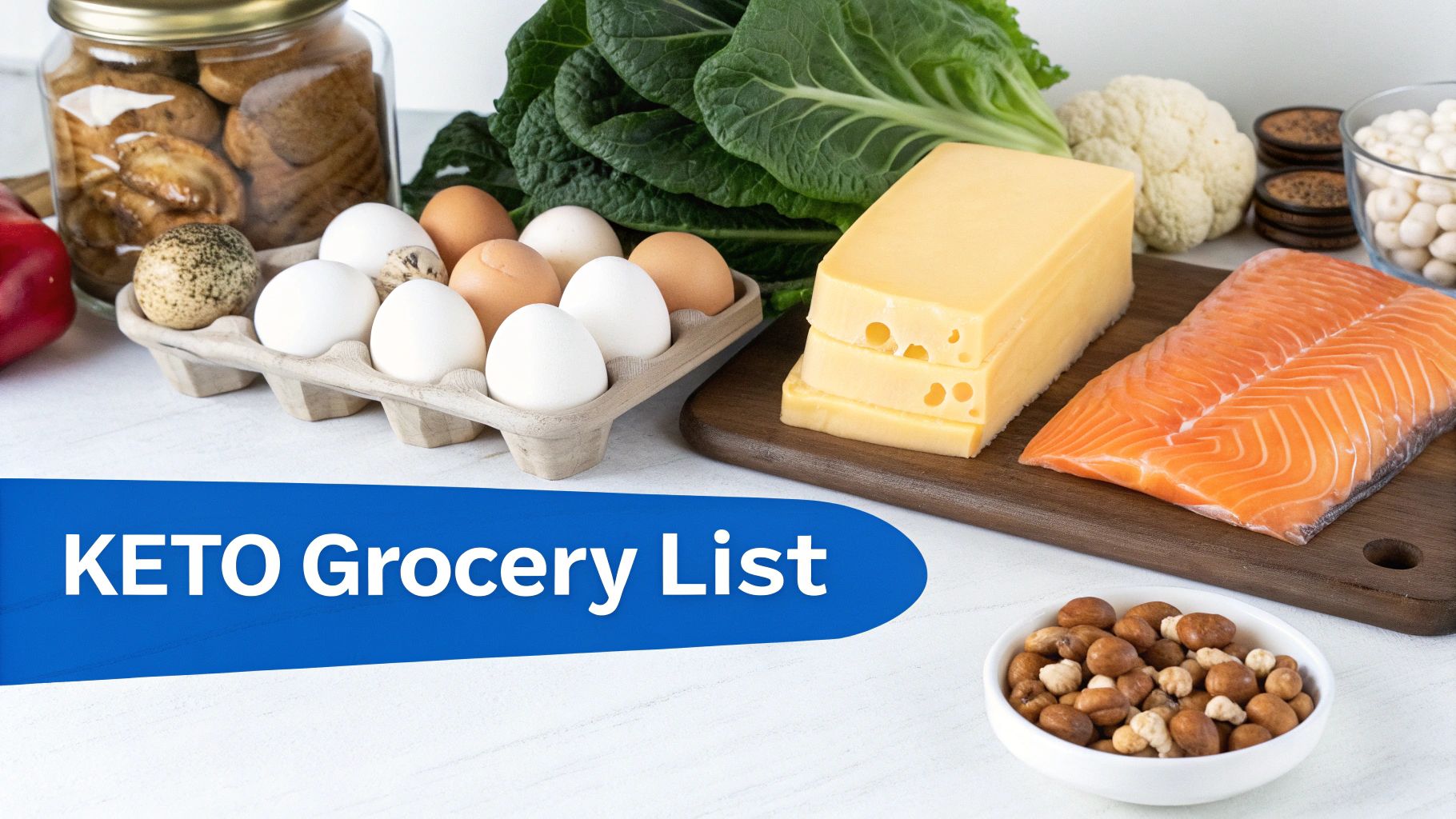 A flat lay of keto-friendly ingredients like eggs, salmon, cheese, green vegetables, and nuts, with a 'KETO Grocery List' banner.