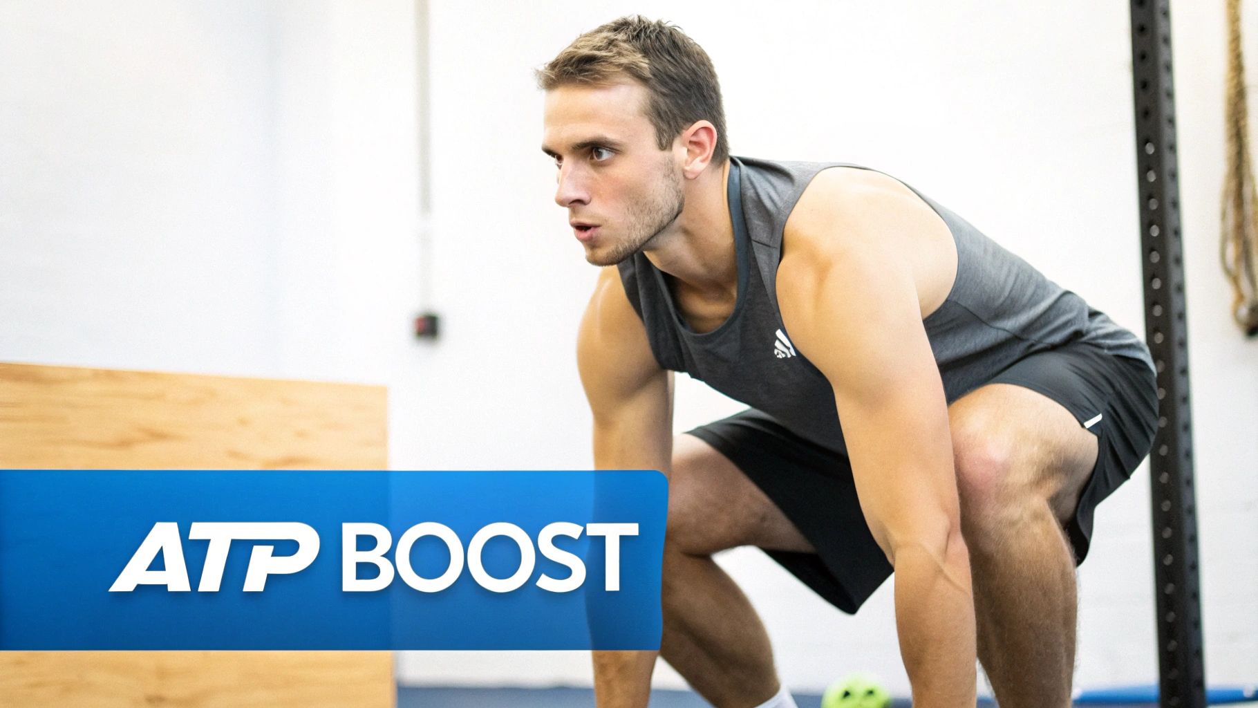 A focused male athlete in a grey tank top and black shorts, ready for a workout.