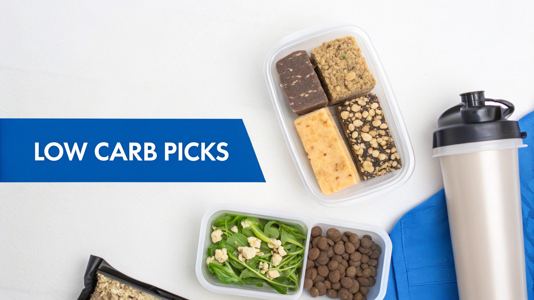 Vue aérienne de divers en-cas faibles en glucides, notamment des barres protéinées, une salade fraîche et un shaker.