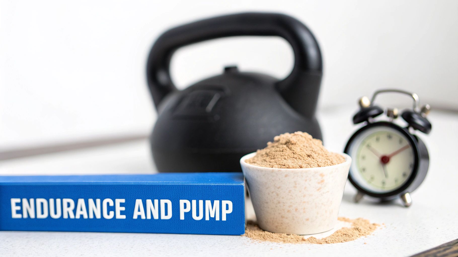 Fitness composition with a blue 'Endurance and Pump' box, supplement powder, kettlebell, and an alarm clock.