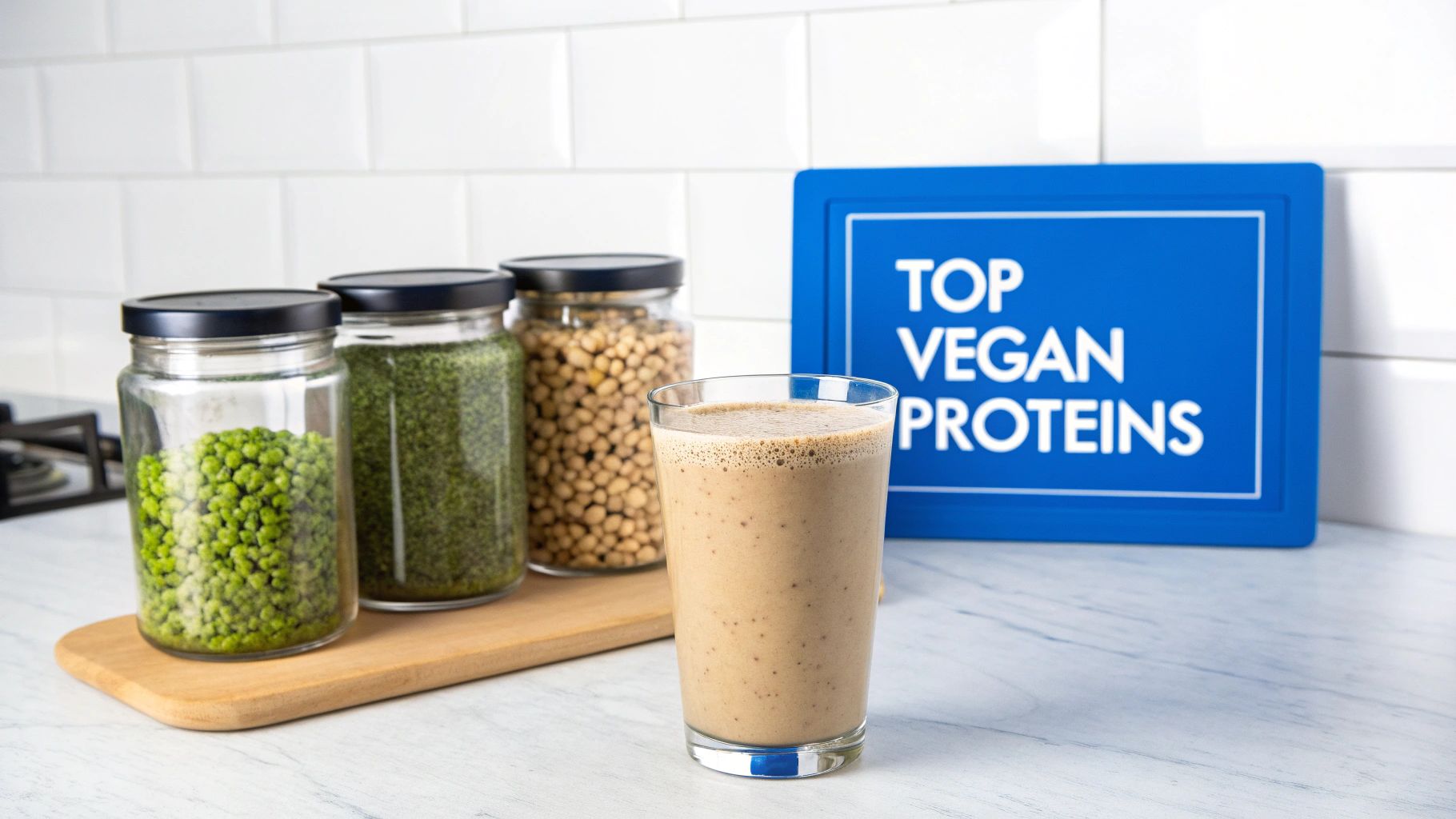 A vegan protein smoothie and jars of plant-based ingredients, with a 'TOP VEGAN PROTEINS' sign on a counter.