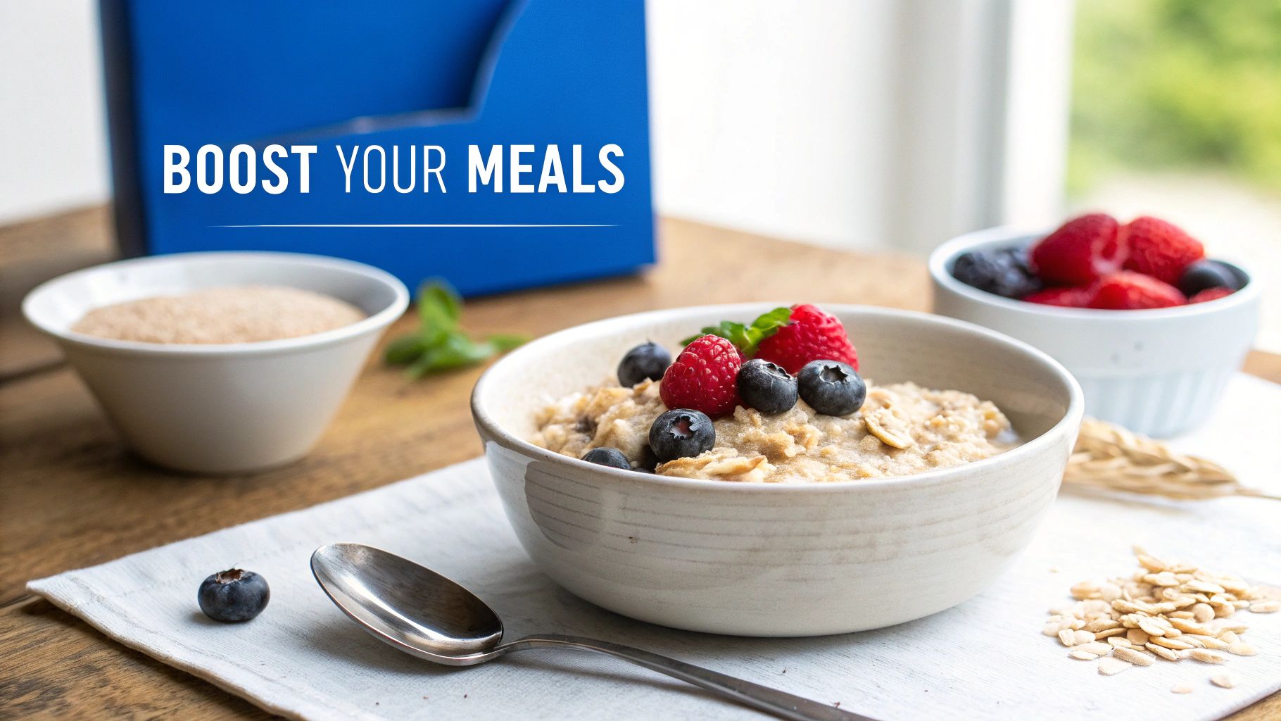 A bowl of oatmeal with fresh raspberries and blueberries, promoting boosting meals with healthy additions.
