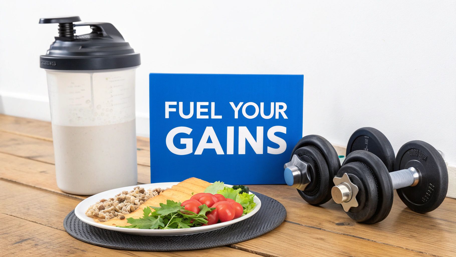 Un shaker à protéines, un repas sain et des haltères sur un parquet à côté d'une pancarte « BOOSTEZ VOS GAINS ».