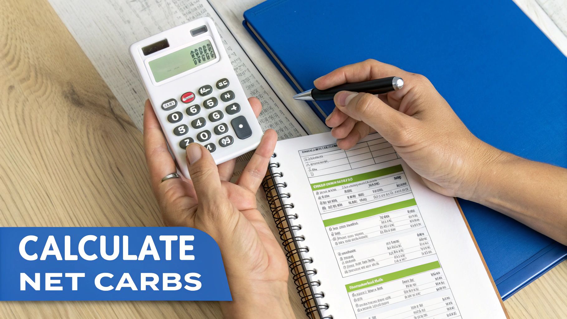 Une personne calculant ses glucides nets à l'aide d'une calculatrice et d'un stylo sur un cahier.