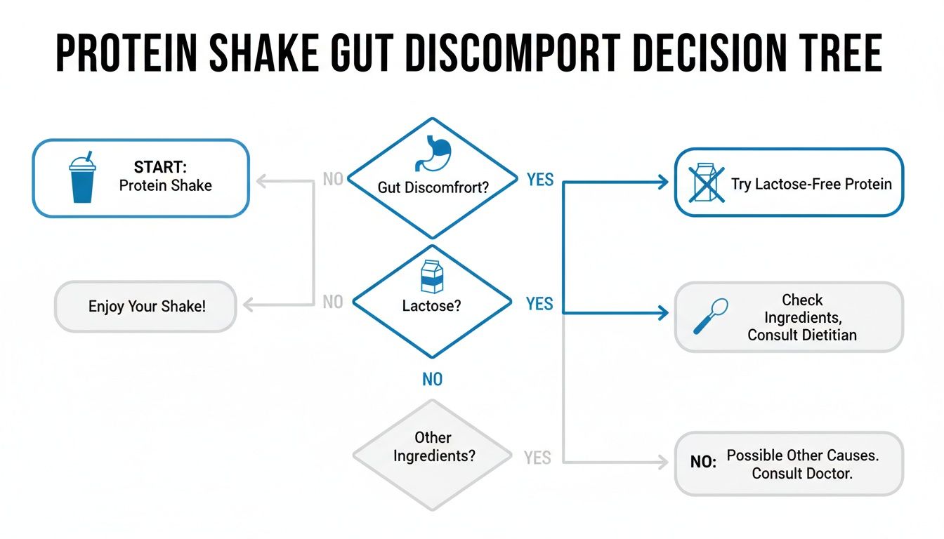 Organigramme décisionnel guidant les utilisateurs à travers les causes et les solutions des inconforts intestinaux liés aux boissons protéinées, en tenant compte du lactose et d'autres ingrédients.
