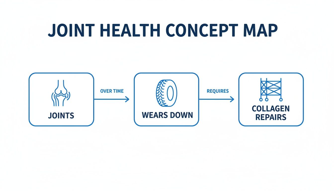 A joint health concept map showing how joints wear down over time, requiring collagen repairs.