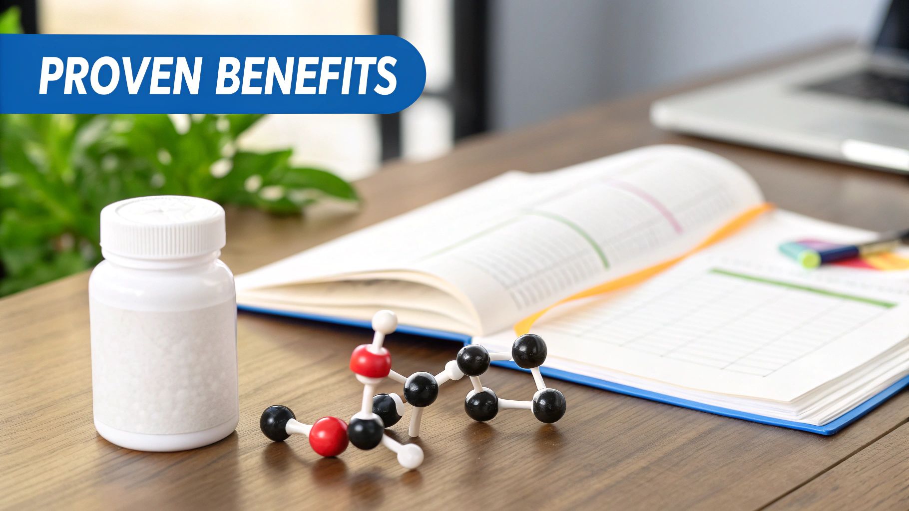 White supplement bottle with molecular model and open textbook showing proven benefits of creatine supplementation