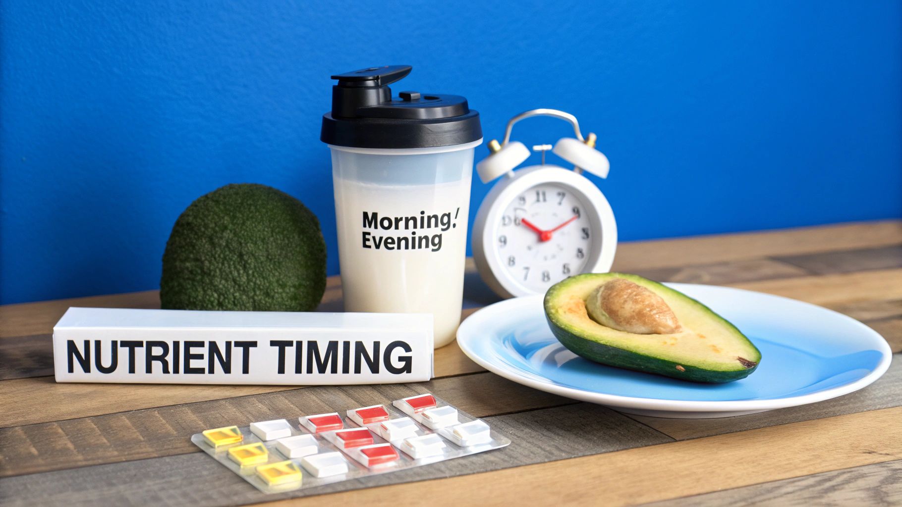 Table with 'Nutrient Timing' box, protein shake, avocado, alarm clock, and supplement blister pack.