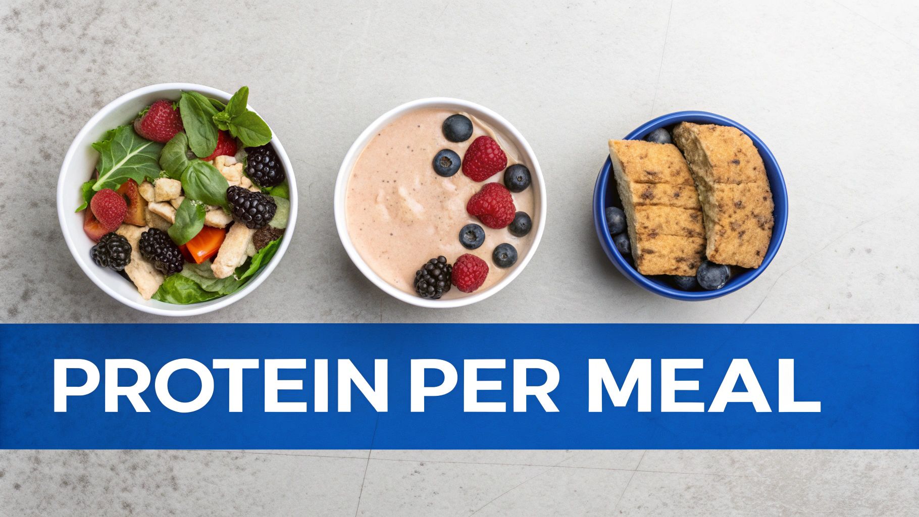 Three healthy, protein-rich meals: a chicken salad, a berry smoothie bowl, and protein bread with blueberries.