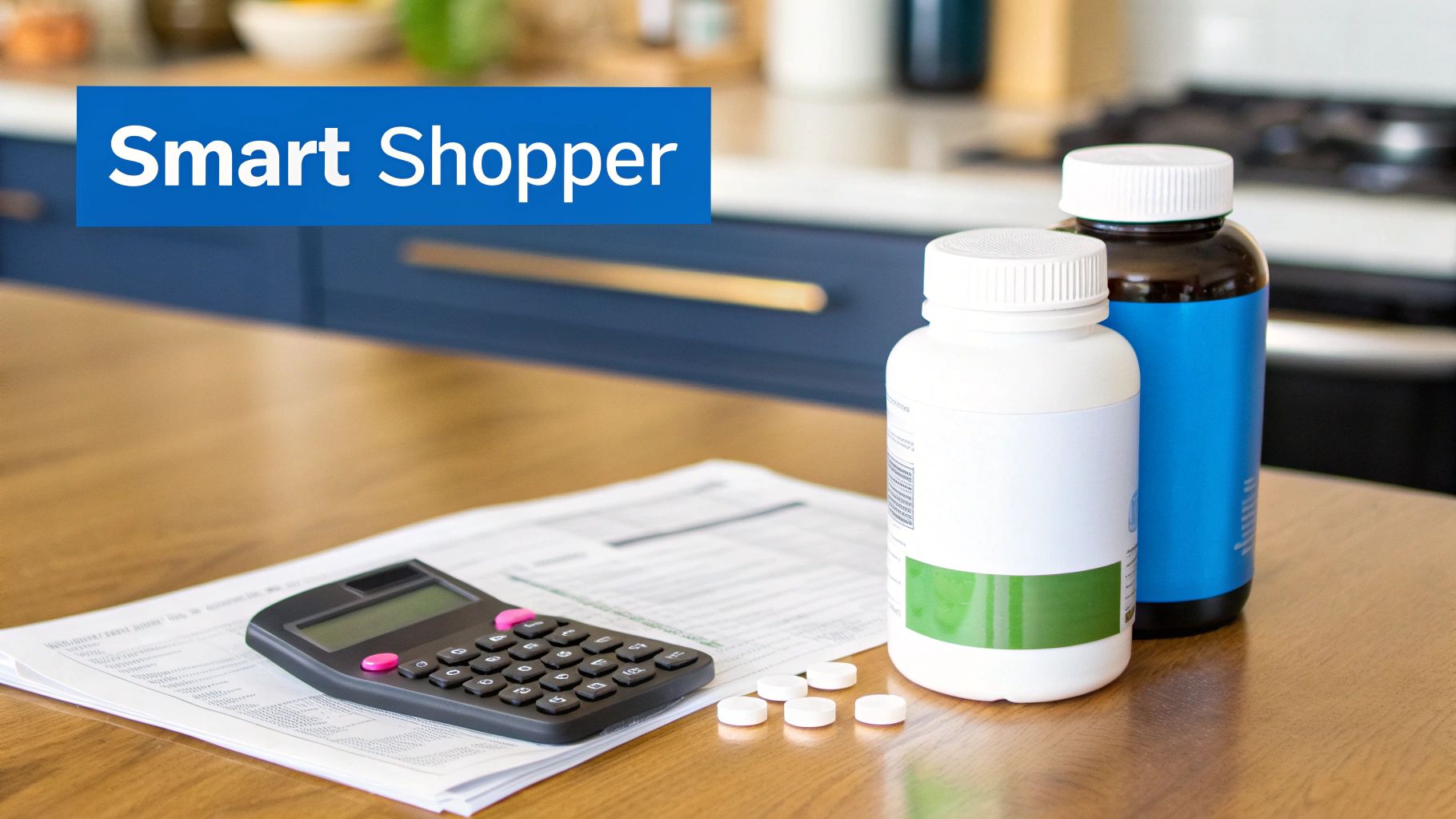 Smart shopper banner above supplement bottles, a calculator, and papers on a kitchen counter.