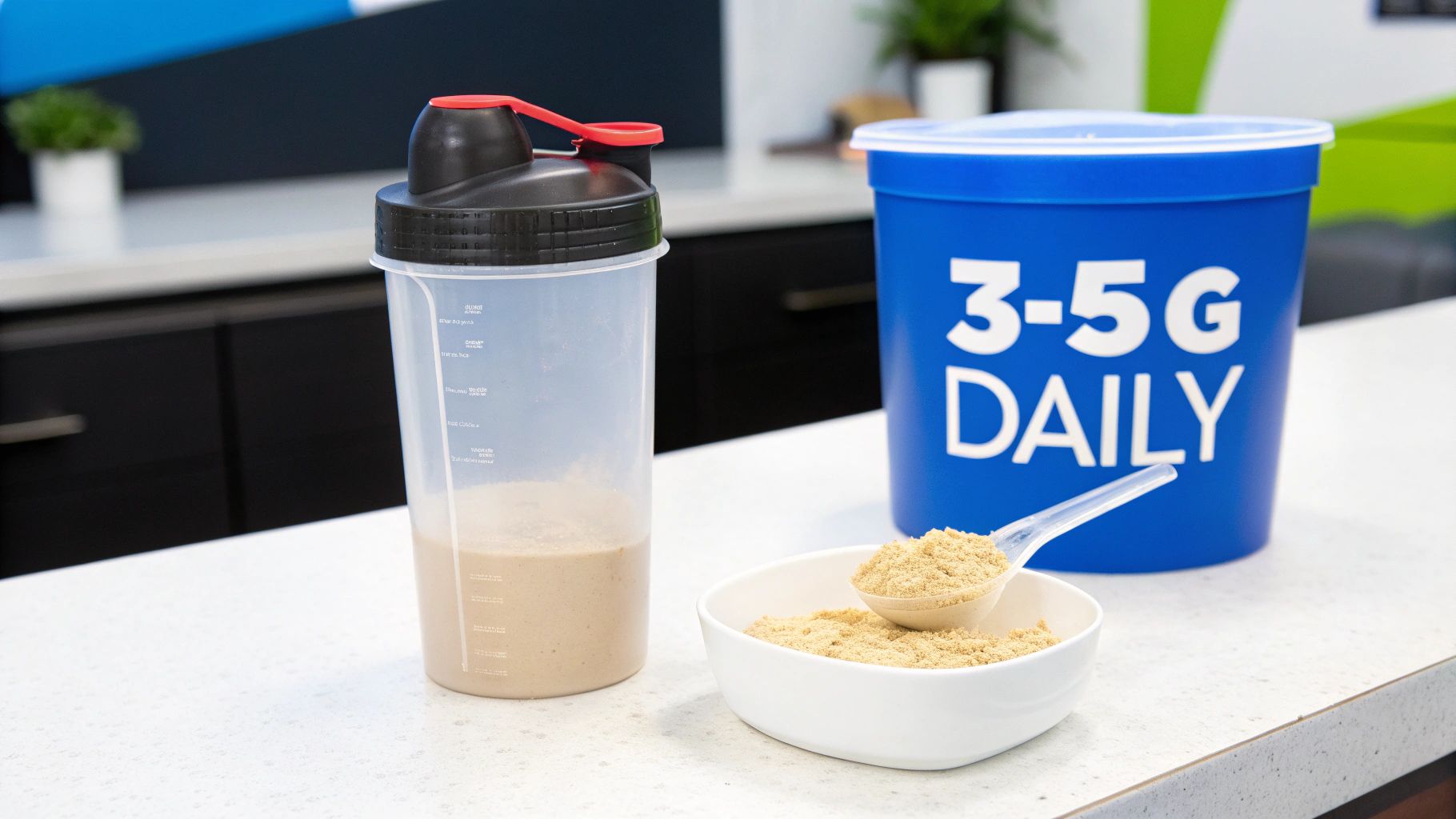 Creatine powder in a bowl with a scoop, shaker bottle, and blue daily dosage tub.