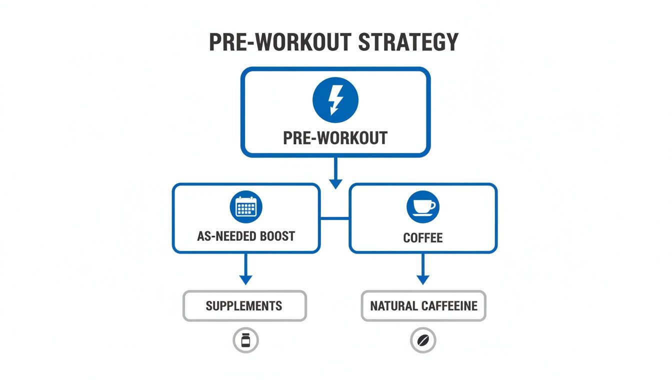 Organigramme décrivant les stratégies de pré-entraînement, montrant comment la pré-entraînement peut mener à la prise de suppléments ou de café pour un apport naturel en caféine, selon les besoins.