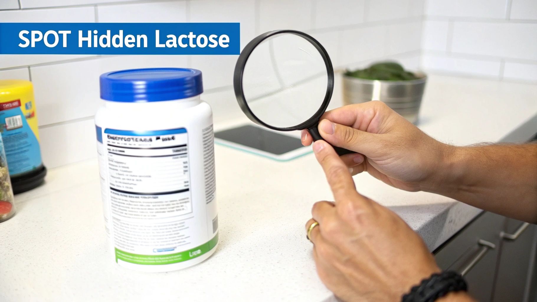 Une personne utilise une loupe pour examiner attentivement une étiquette nutritionnelle à la recherche de lactose caché.