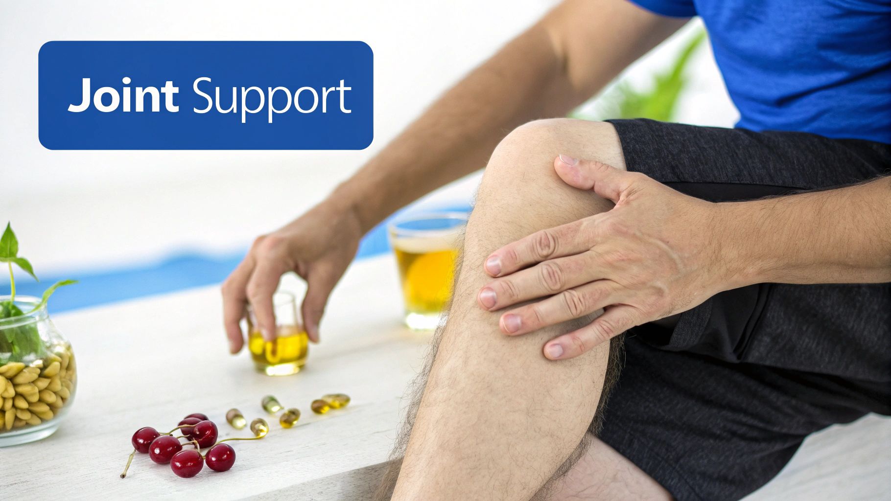 A person with knee pain, surrounded by joint support supplements, cherries, and healthy oils.