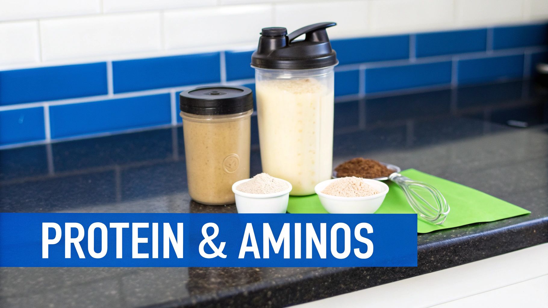 Protein shakes and powders, including a shaker bottle and ingredients, ready for a healthy workout supplement.