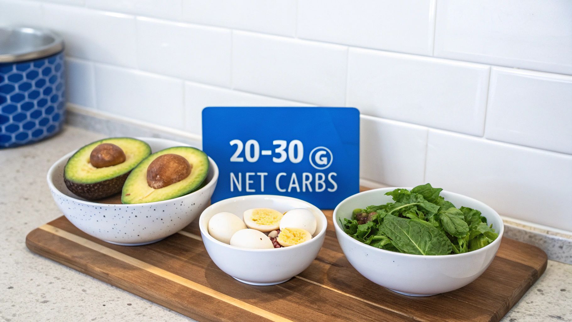 Un repas compatible avec le régime cétogène, composé d'avocat, d'œufs et de légumes verts, présenté sur une planche à découper, avec une indication « 20-30 g de glucides nets ».