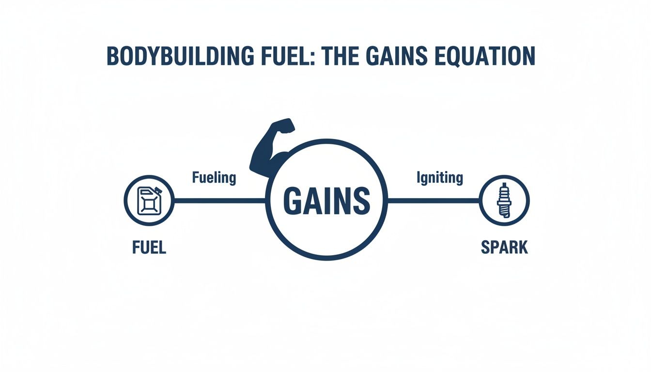 Diagram titled 'Bodybuilding Fuel: The Gains Equation' showing fuel and spark leading to gains.