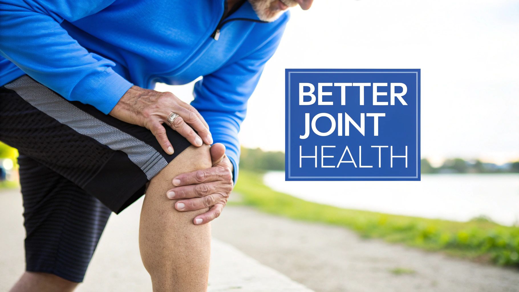 An older man holding his knee in pain outdoors, next to a box saying 'Better Joint Health'.