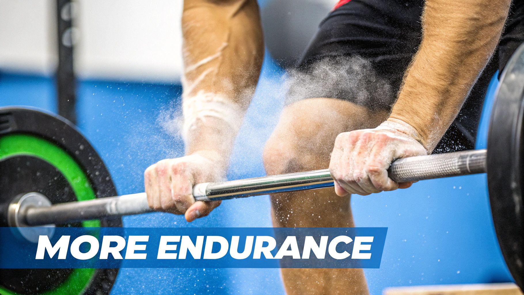 A weightlifter with chalked hands and arms grips a barbell, surrounded by clouds of white chalk dust.