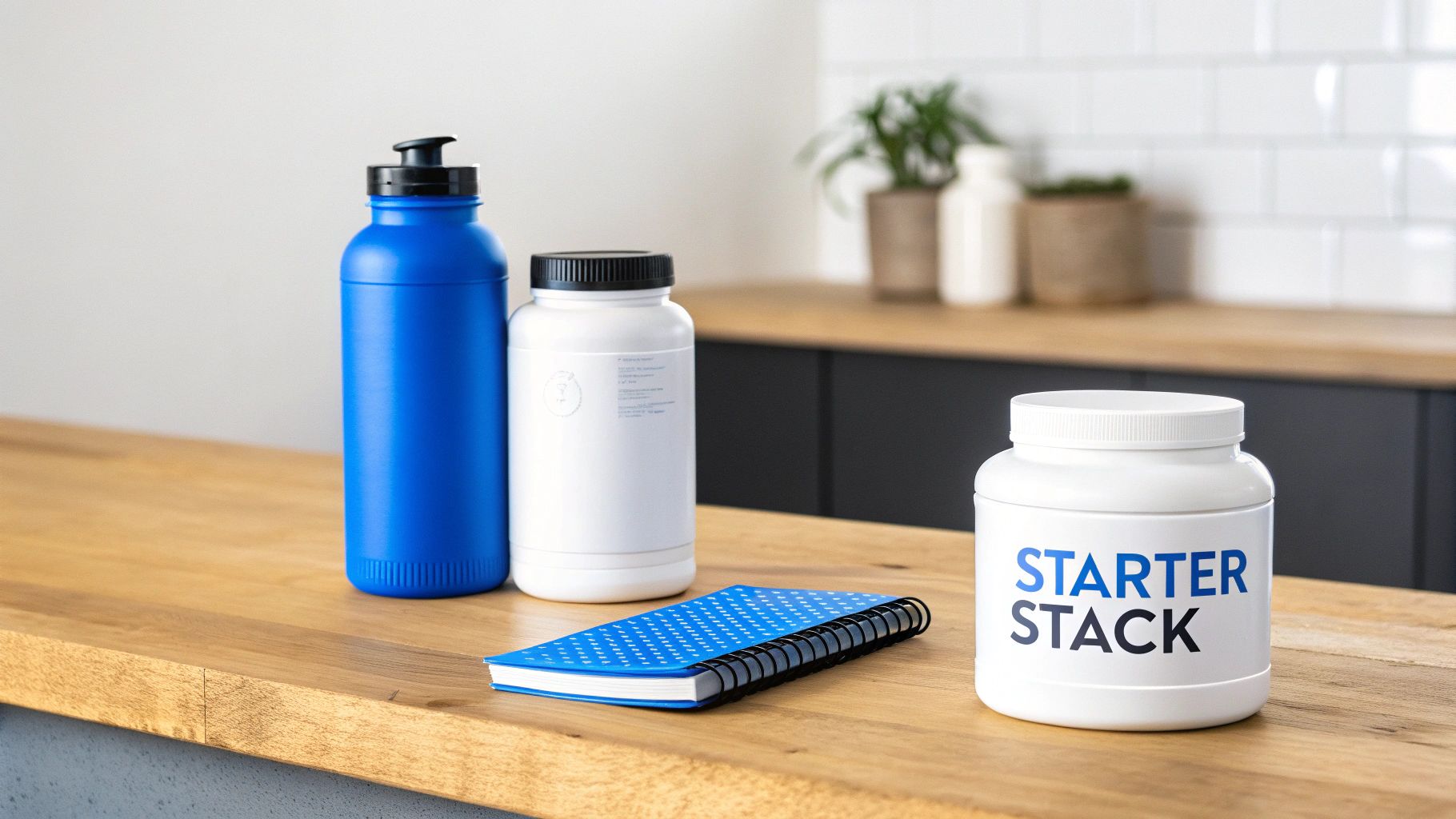 Une bouteille d'eau bleue, des boîtes de compléments alimentaires blanches et un carnet bleu sont disposés sur un plan de travail de cuisine en bois clair.