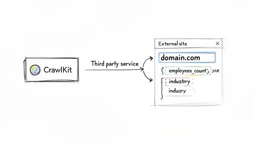 CrawlKit uses a third-party service to extract structured data like employee count and industry from domain.com.