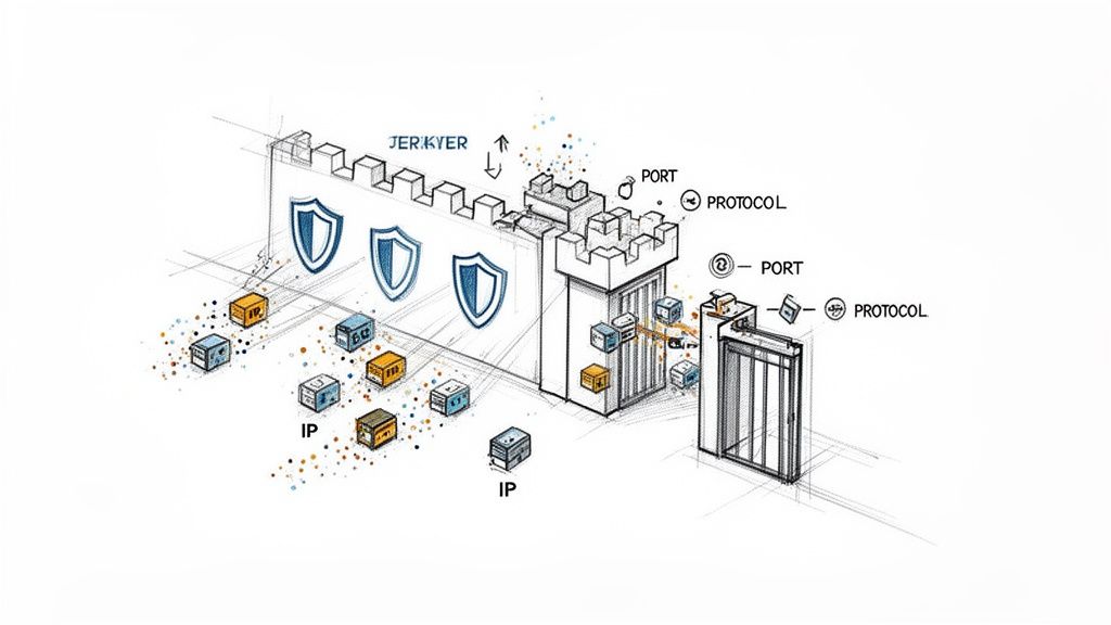 An illustration of a fortress-like firewall filtering IP, Port, and Protocol data packets, with shields and 'JERKYER' label.